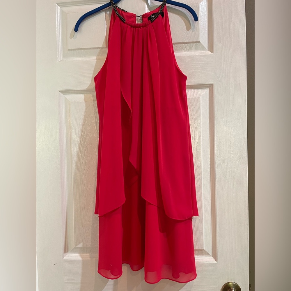 S.L. Fashions Red Asymmetrical Ruched Halter Dress